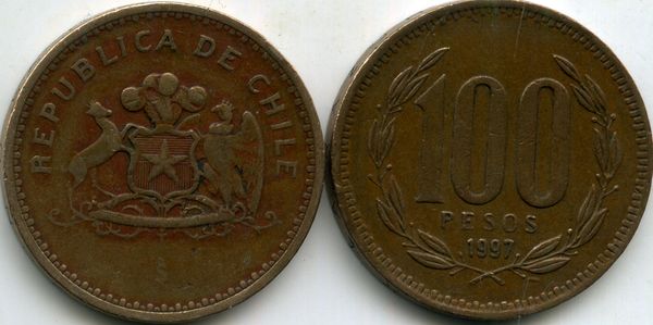 Монета 100 песо 1997г Чили