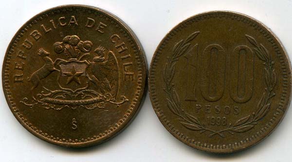 Монета 100 песо 1998г Чили