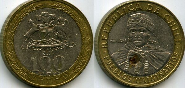 Монета 100 песо 2010г Чили