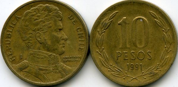 Монета 10 песо 1991г Чили
