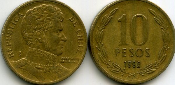 Монета 10 песо 1992г Чили