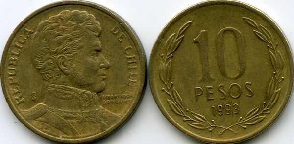 Монета 10 песо 1993г Чили