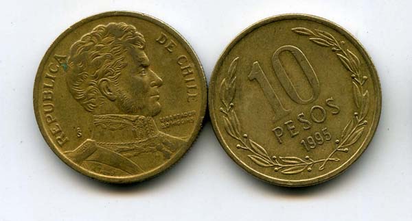 Монета 10 песо 1995г Чили