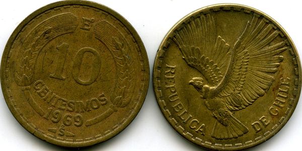 Монета 10 сентесимос 1969г Чили