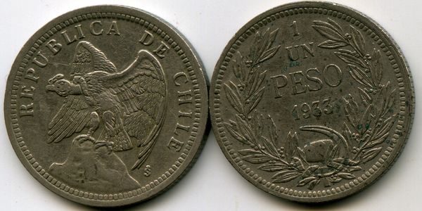 Монета 1 песо 1933г Чили