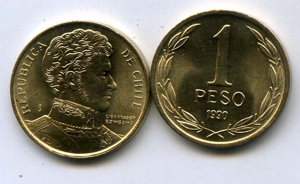 Монета 1 песо 1990г Чили