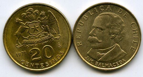 Монета 20 сентесимос 1971г Чили