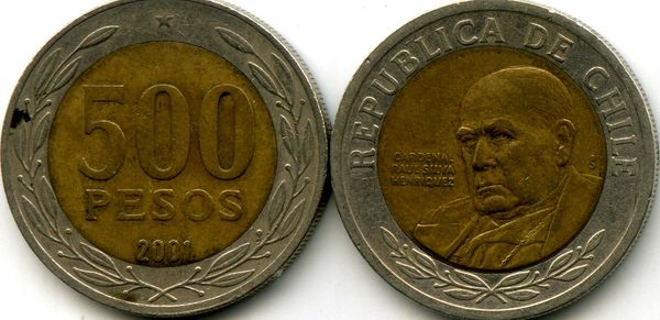 Монета 500 песо 2001г Чили