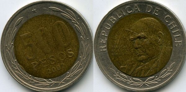 Монета 500 песо 2002г Чили