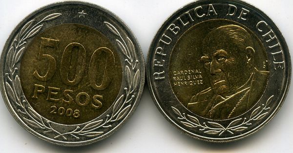 Монета 500 песо 2008г Чили