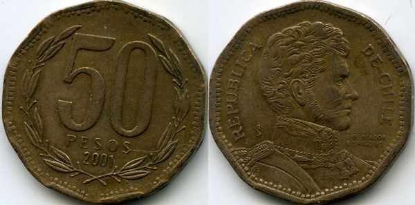 Монета 50 песо 2001г Чили