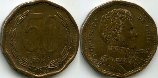 Монета 50 песо 2008г Th Чили