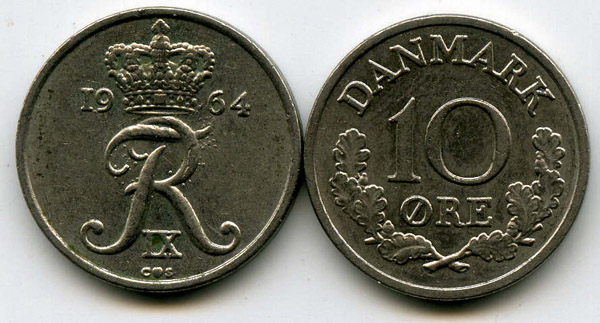 Монета 10 оре 1964г Дания