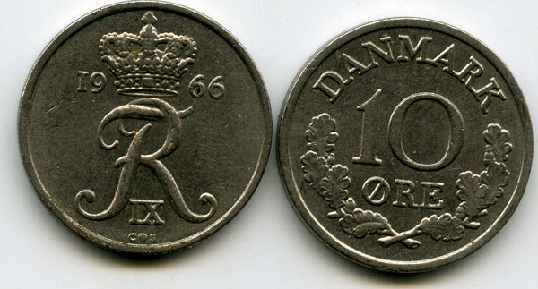 Монета 10 оре 1966г Дания