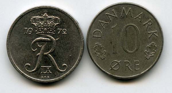 Монета 10 оре 1972г Дания