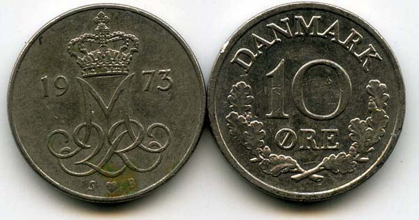 Монета 10 оре 1973г Дания