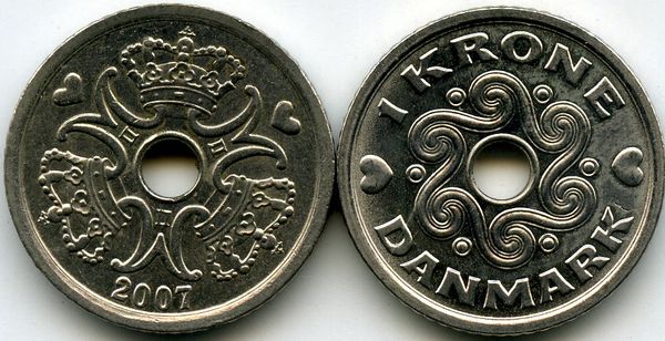 Монета 1 крона 2007г Дания