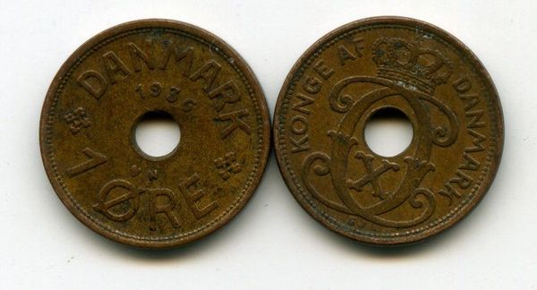Монета 1 оре 1936г Дания