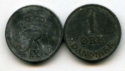 Монета 1 оре 1960г Дания