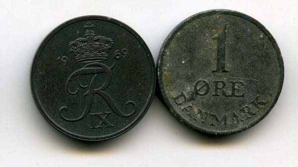 Монета 1 оре 1969г Дания