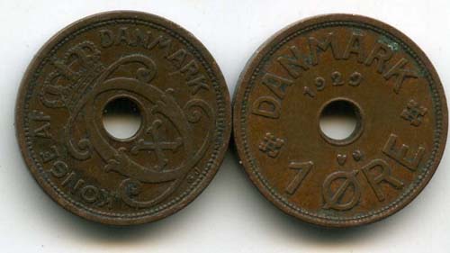 Монета 1 оре 1929г Дания