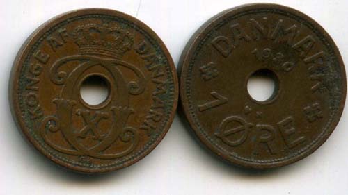Монета 1 оре 1930г Дания