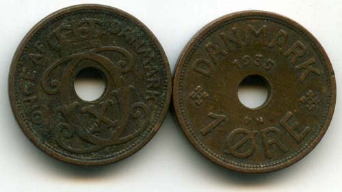 Монета 1 оре 1935г Дания