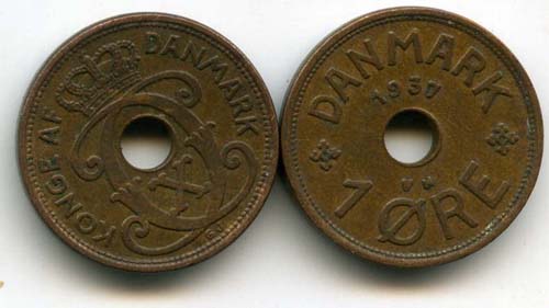 Монета 1 оре 1937г Дания
