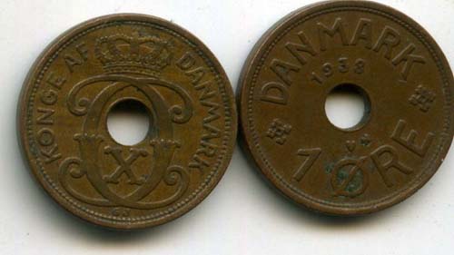 Монета 1 оре 1938г Дания