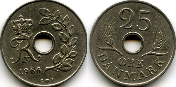 Монета 25 оре 1966г Дания
