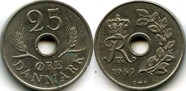 Монета 25 оре 1969г Дания