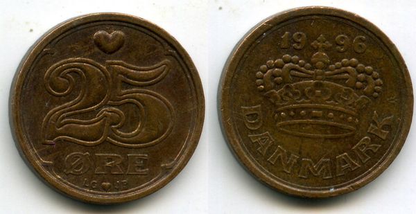 Монета 25 оре 1996г Дания