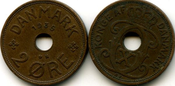 Монета 2 оре 1935г Дания