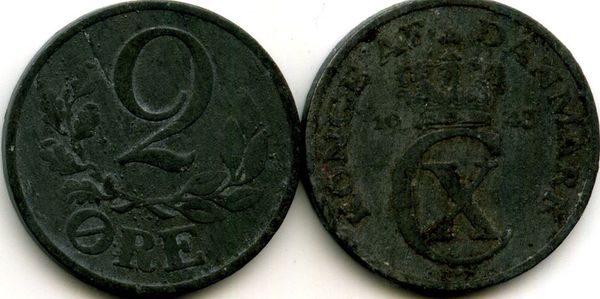 Монета 2 оре 1943г Дания