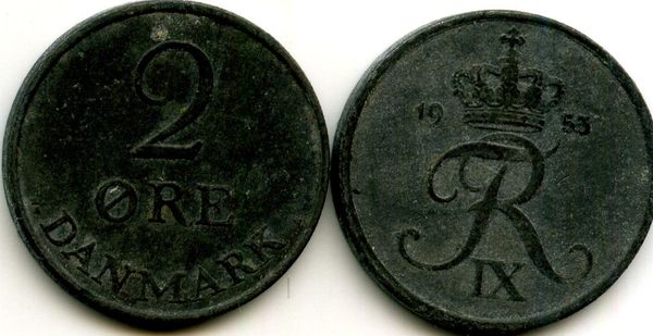 Монета 2 оре 1953г Дания