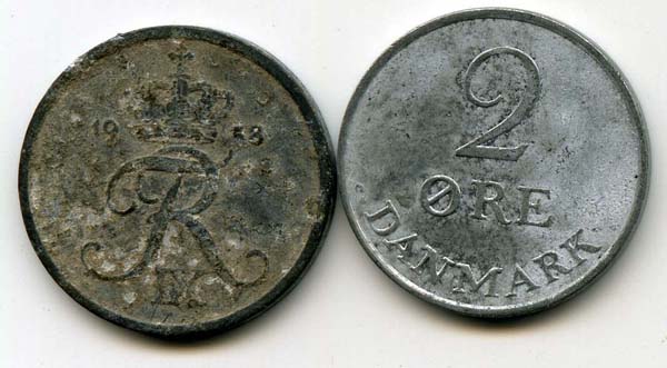 Монета 2 оре 1958г Дания