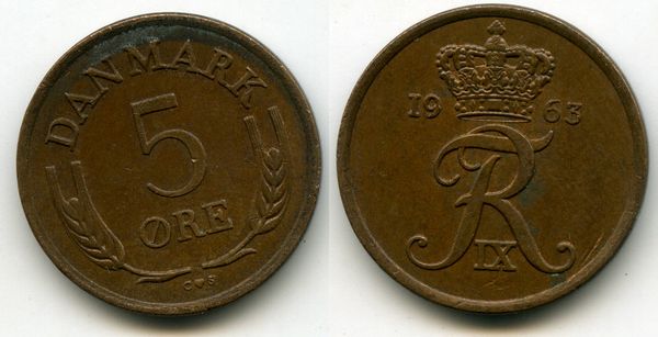 Монета 5 оре 1963г Дания