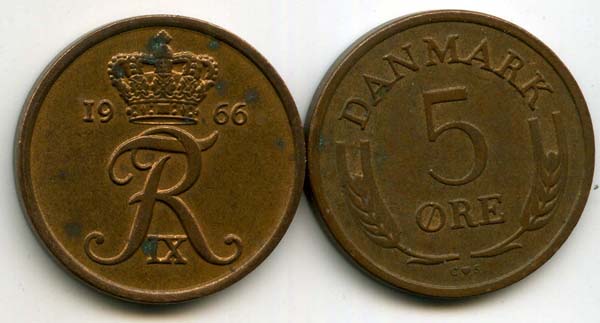 Монета 5 оре 1966г Дания