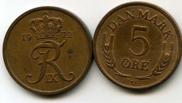 Монета 5 оре 1972г Дания