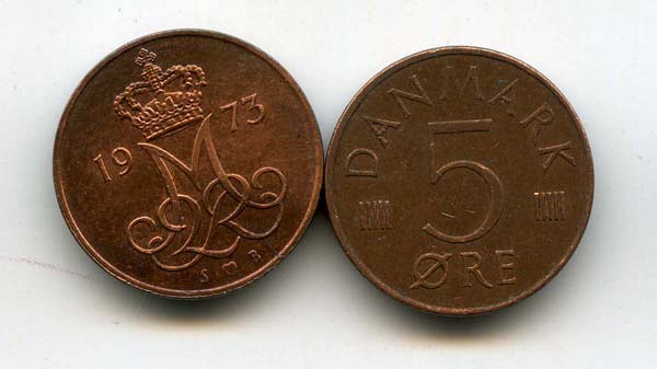 Монета 5 оре 1973г Дания