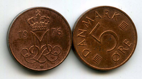 Монета 5 оре 1976г Дания