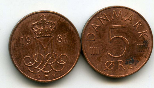 Монета 5 оре 1981г Дания