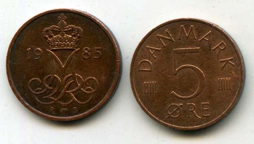Монета 5 оре 1985г Дания