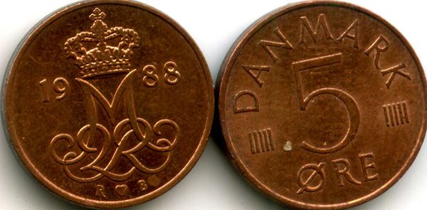 Монета 5 оре 1988г Дания