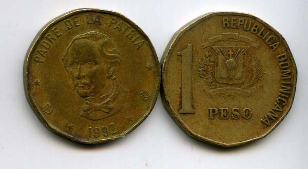 Монета 1 песо 1992г Доминикана