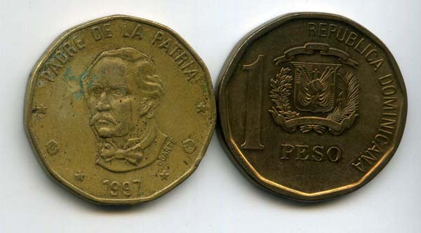 Монета 1 песо 1997г Доминикана