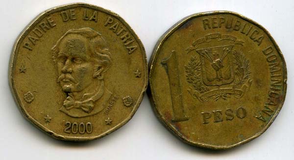 Монета 1 песо 2000г Доминикана