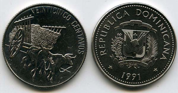Монета 25 сентаво 1991г Доминикана