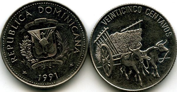 Монета 25 сентаво 1989г Доминикана
