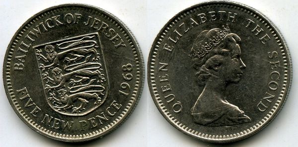 Монета 5 новых пенсов 1968г Великобритания (Джерси)